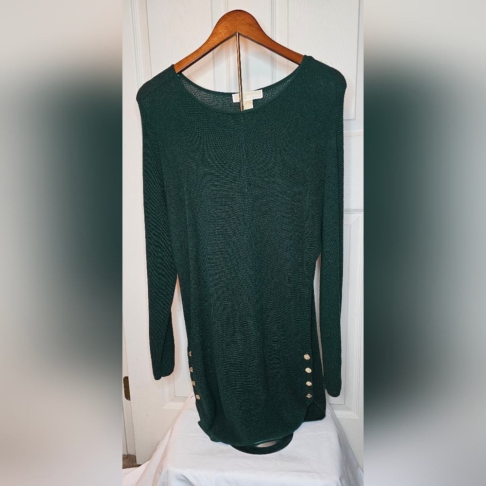 Michael Kors Emerald Green Tunic Sweater w/ Gold Logo Buttons - Size Medium
